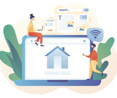 Tiny people working on website homepage development, optimization, setup. Homepage - web page design on laptop. Modern flat cartoon style. Vector illustration on white background